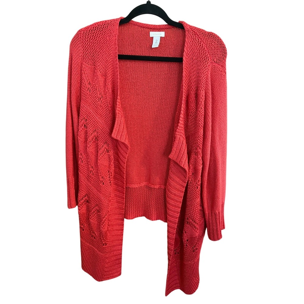 Chico's Coral Open Knit Cardigan duster Sweater lightweight Boho